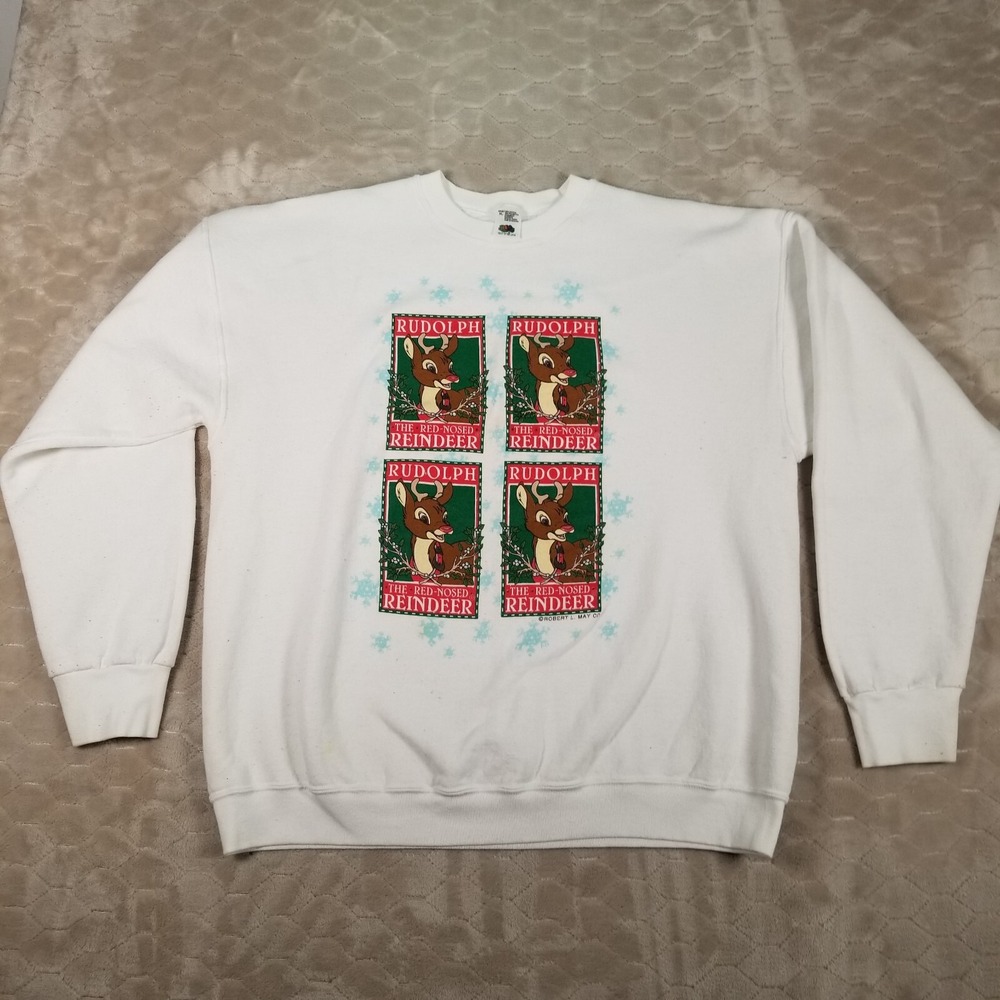 VTG 90s Rudolph the Red Nosed Reindeer Christmas Sweatshirt Sz XL FOTL Stains